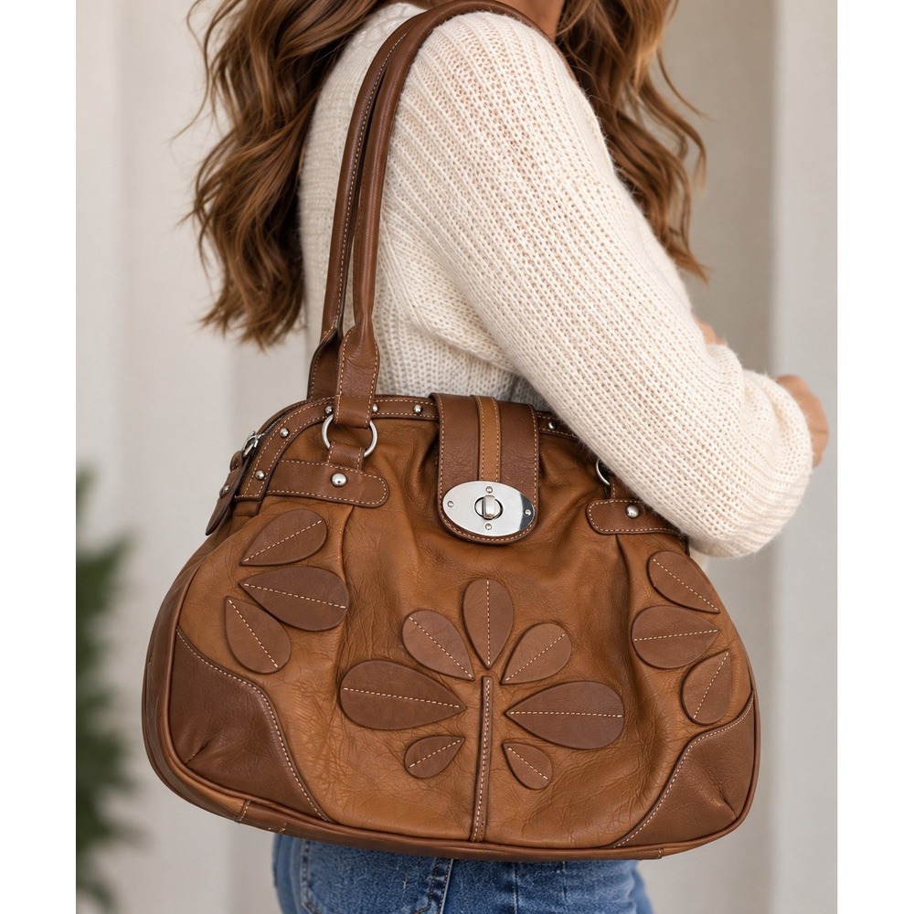 Barr Barr New York Womens Y2K Vtg Floral Leather Hobo Shoulder Bag Brown Silver
